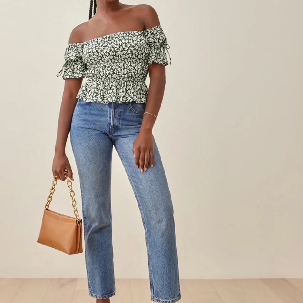 Reformation Green and White Floral Square-Neck Puff Sleeve Top